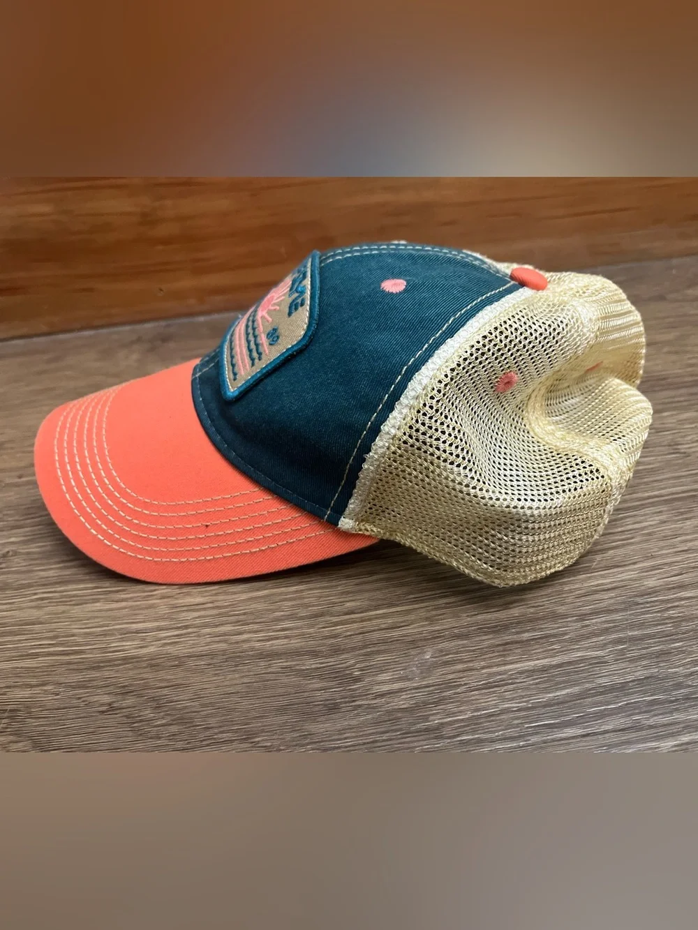 Women’s Surf-Style Patch Trucker Hat in Teal, Coral & Khaki